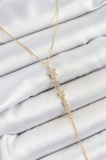 Pirinç Zirkon Taşlı Sıralı Yıldız Figürlü Y Model Gold Renk Kadın Kolye - TJ-BKO10314