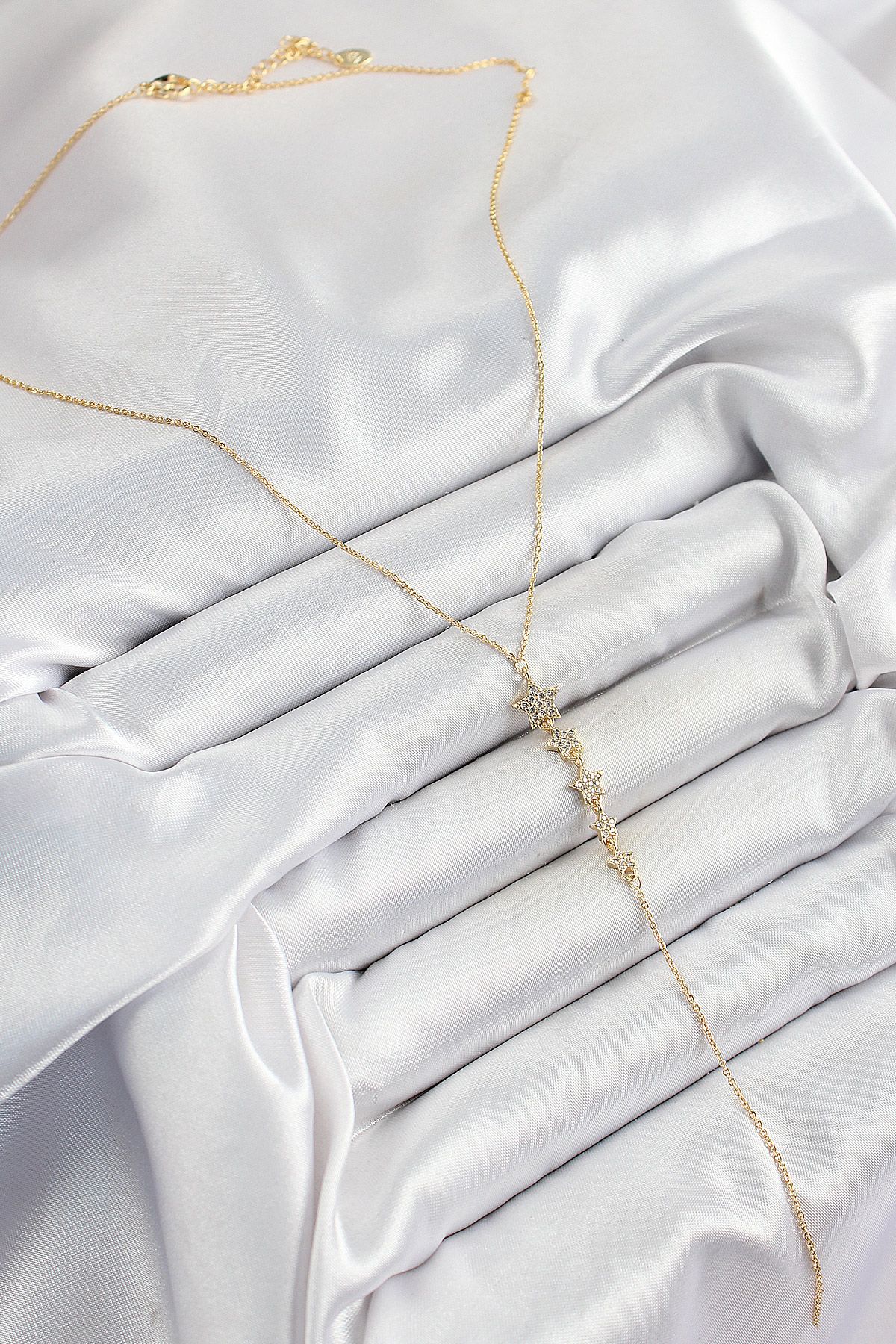 Pirinç Zirkon Taşlı Sıralı Yıldız Figürlü Y Model Gold Renk Kadın Kolye - TJ-BKO10314