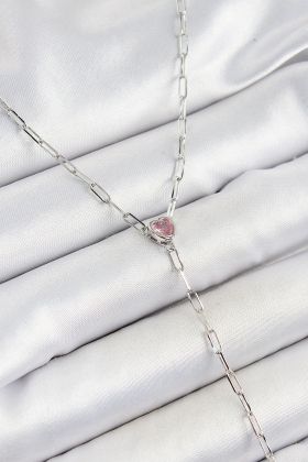 Pirinç Zirkon Taşlı Pembe Kalp Figürlü Y Model Gümüş Renk Kadın Kolye - TJ-BKO10319