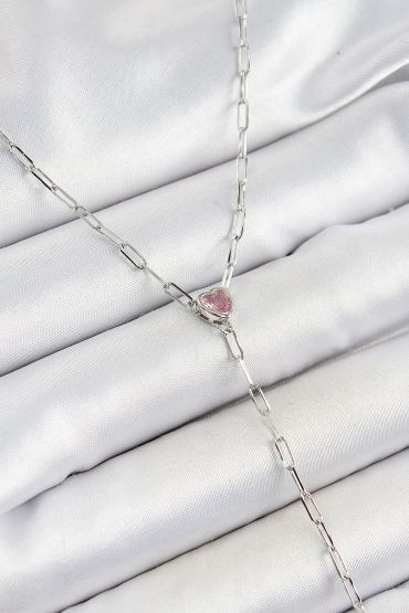 Pirinç Zirkon Taşlı Pembe Kalp Figürlü Y Model Gümüş Renk Kadın Kolye - TJ-BKO10319