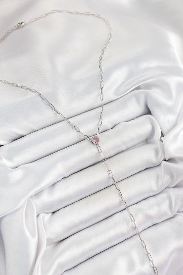 Pirinç Zirkon Taşlı Pembe Kalp Figürlü Y Model Gümüş Renk Kadın Kolye - TJ-BKO10319