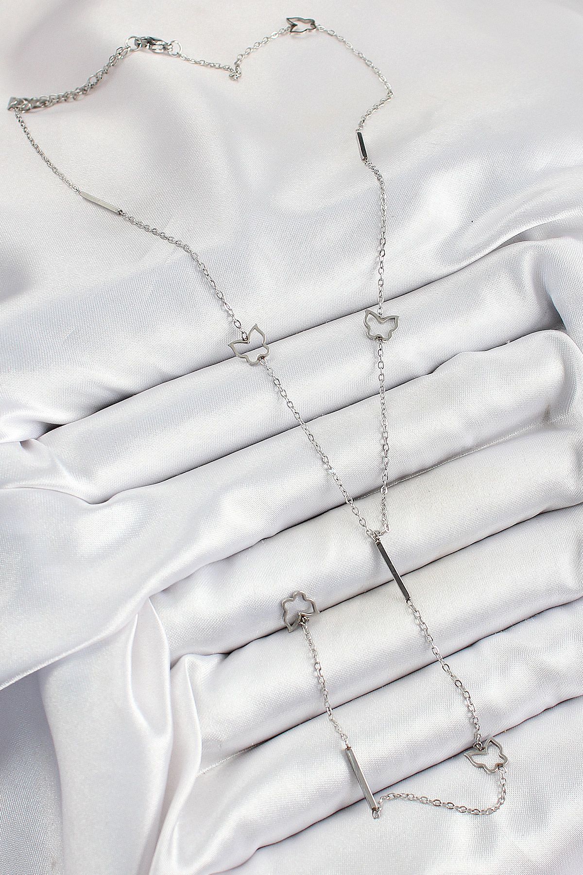 316L Çelik Kelebek Figürlü Y Model Gümüş Renk Kadın Kolye - TJ-BKO10330