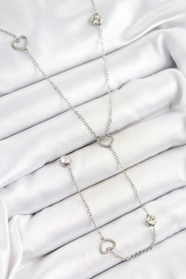 316L Çelik Zirkon Taşlı Kalp Figürlü Y Model Gümüş Renk Kadın Kolye - TJ-BKO10334