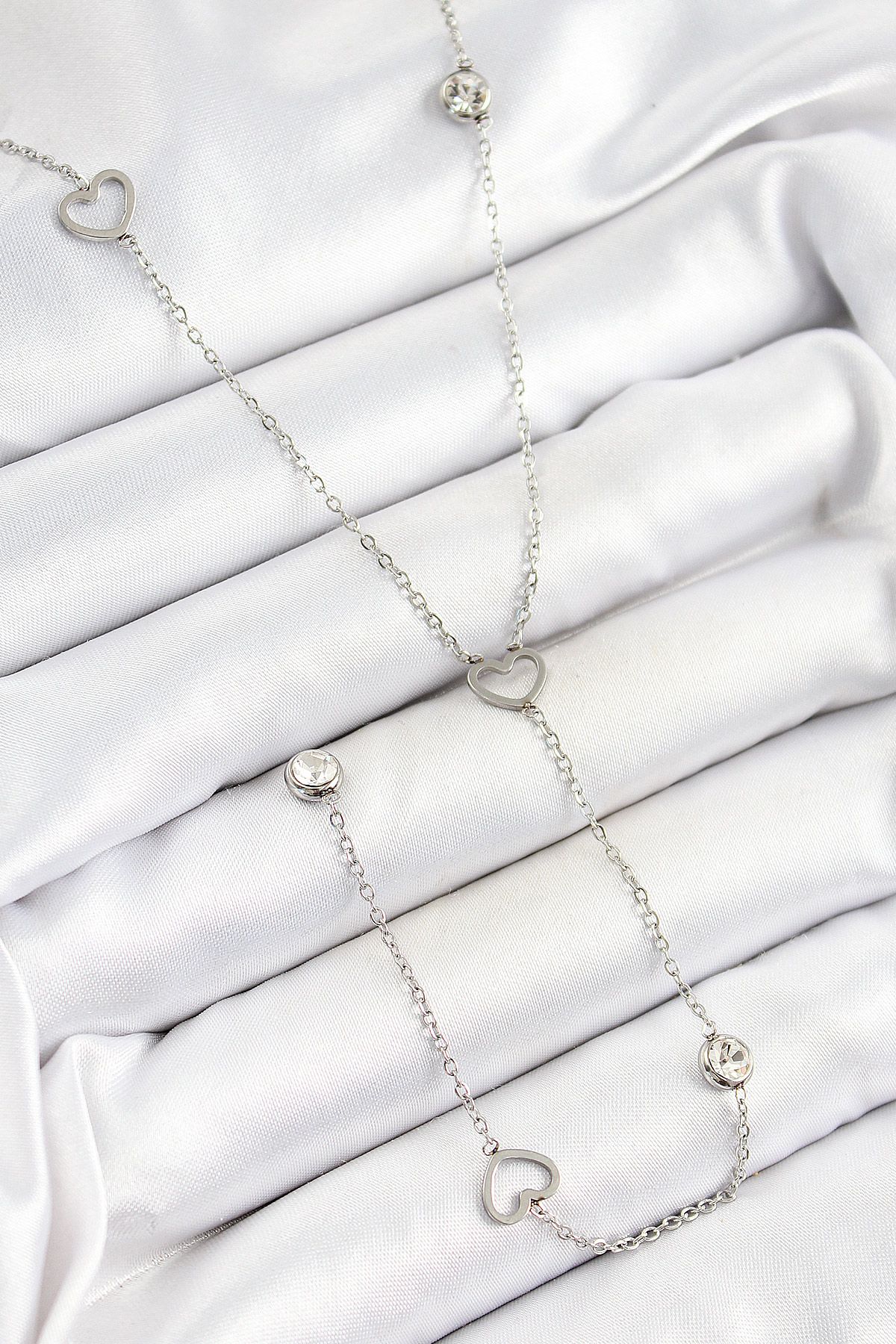 316L Çelik Zirkon Taşlı Kalp Figürlü Y Model Gümüş Renk Kadın Kolye - TJ-BKO10334