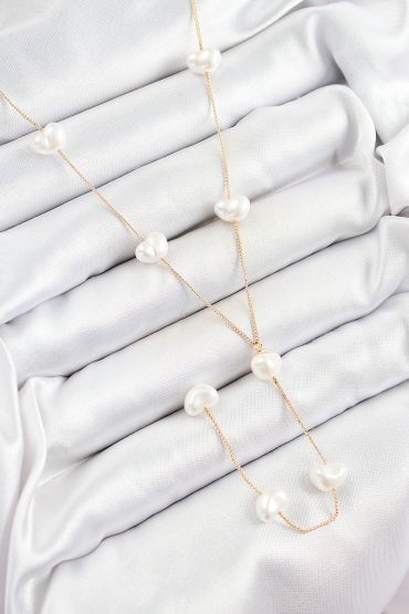 316L Çelik İncili Kalp Figürlü Y Model Gold Renk Kadın Kolye - TJ-BKO10335