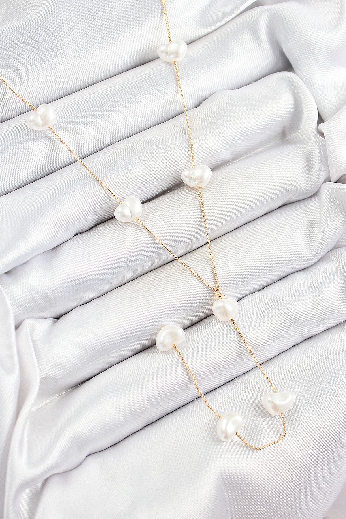 316L Çelik İncili Kalp Figürlü Y Model Gold Renk Kadın Kolye - TJ-BKO10335