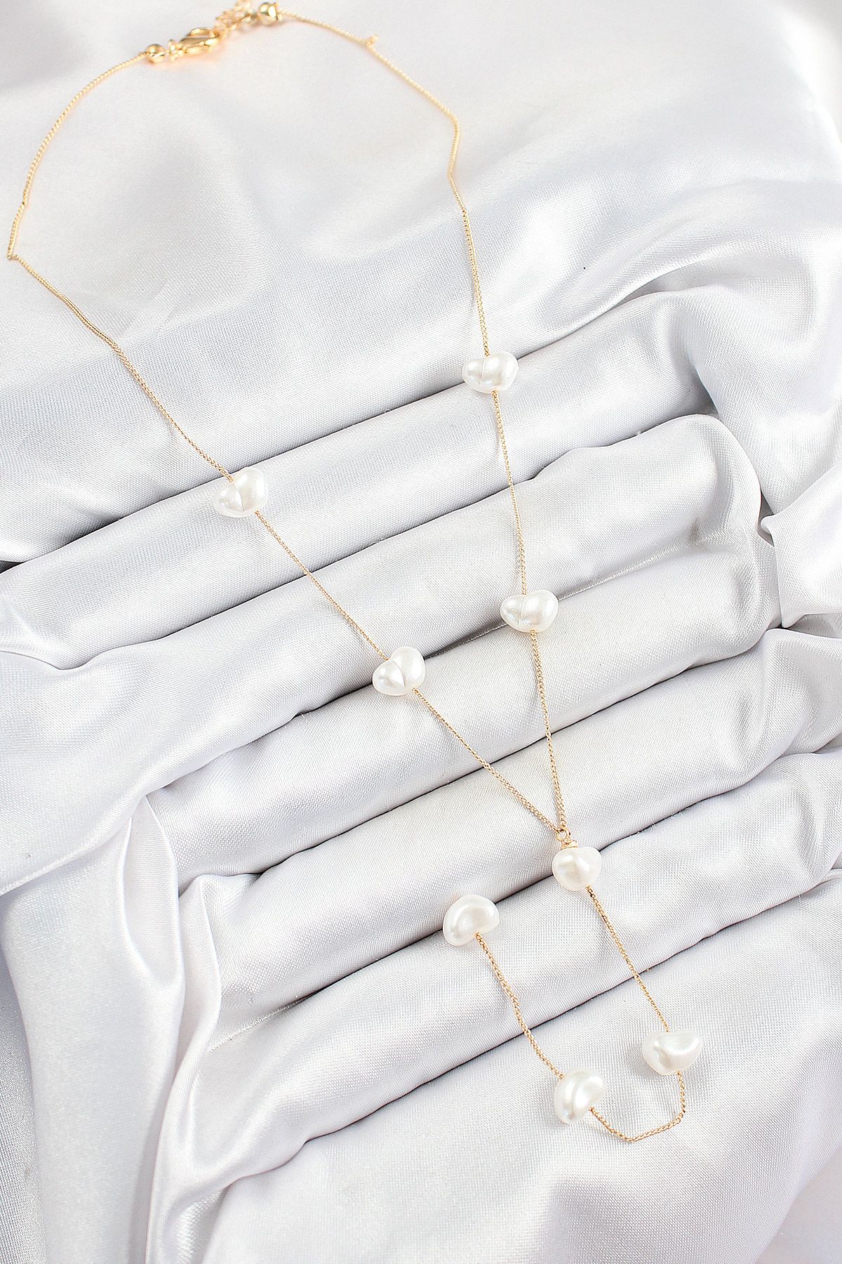 316L Çelik İncili Kalp Figürlü Y Model Gold Renk Kadın Kolye - TJ-BKO10335