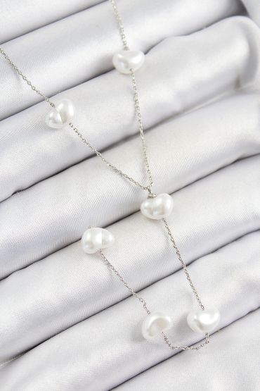 316L Çelik İncili Kalp Figürlü Y Model Gümüş Renk Kadın Kolye - TJ-BKO10336