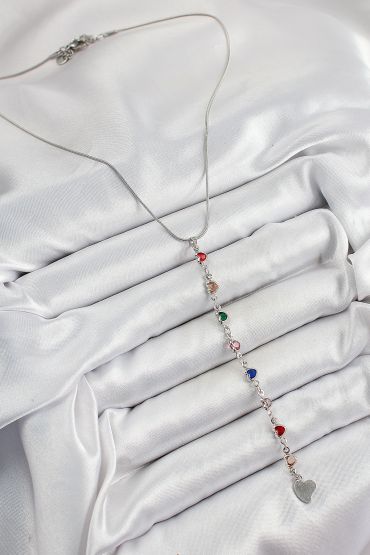 Pirinç Gümüş Renk Karışık Renk Zirkon Taşlı Kalpli Y Kadın Kolye - TJ-BKO10338