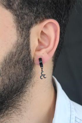 Siyah Renk Kaplama 3 Hilal Figürlü Çelik Kıstırmalı Erkek Küpe - TJ-EKP133