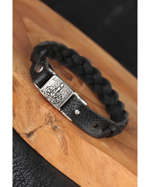 Siyah Örgü Model Deri Erkek Bileklik - TJ-EB2866