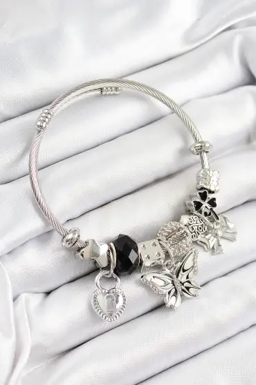316L Çelik Siyah Zirkon Taşlı Kelebek Fiyonk Ve Kilit Model Gümüş Renk Charm Bileklik - TJ-BB7246