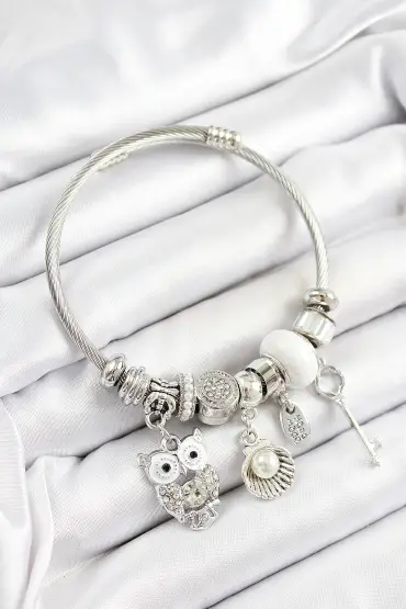 316L Çelik Beyaz Zirkon Taşlı Baykuş İstiridye Ve Anahtar Model Gümüş Renk Charm Bileklik - TJ-BB7254