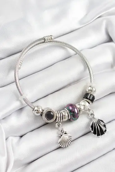 316L Çelik Siyah İstiridye Model Gümüş Renk Charm Bileklik - TJ-BB7269