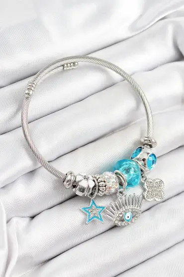 316L Çelik Mavi Zirkon Taşlı Yıldız Göz Ve Yonca Model Gümüş Renk Charm Bileklik - TJ-BB7274