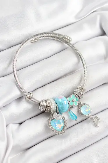316L Çelik Mavi Zirkon Taşlı Yıldız Anahtar Ve Kalp Model Gümüş Renk Charm Bileklik - TJ-BB7277