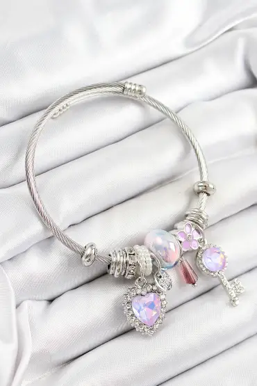 316L Çelik Pembe Zirkon Taşlı Yıldız Anahtar Ve Kalp Model Gümüş Renk Charm Bileklik - TJ-BB7278