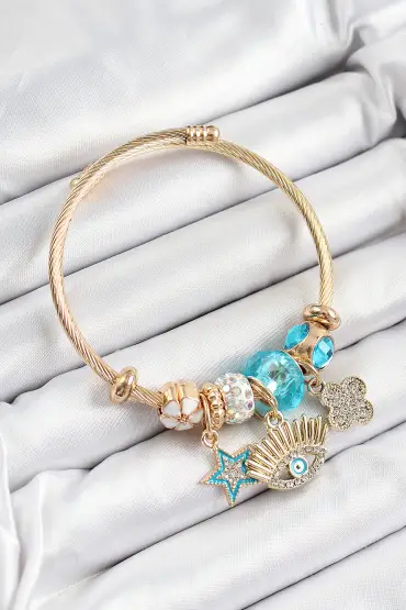 316L Çelik Mavi Zirkon Taşlı Yıldız Göz Ve Yonca Model Gold Renk Charm Bileklik - TJ-BB7285