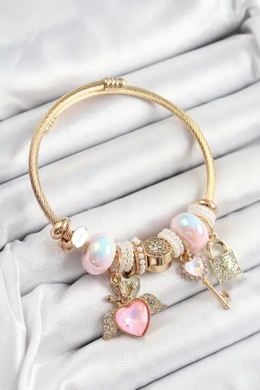 316L Çelik Pembe Zirkon Taşlı Kilit Anahtar Ve Kalp Model Gold Renk Charm BileklikCharm Bileklik - TJ-BB7296