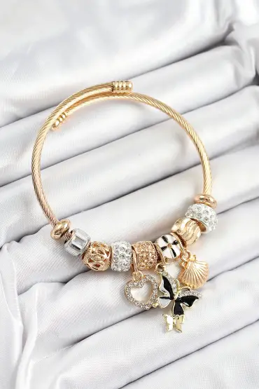 316L Çelik Siyah Zirkon Taşlı Kalp Kelebek Ve İstiridye Model Gold Renk Charm Bileklik - TJ-BB7307