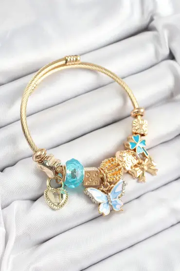 316L Çelik Mavi Zirkon Taşlı Kelebek Fiyonk Ve Kilit Model Gold Renk Charm Bileklik - TJ-BB7312