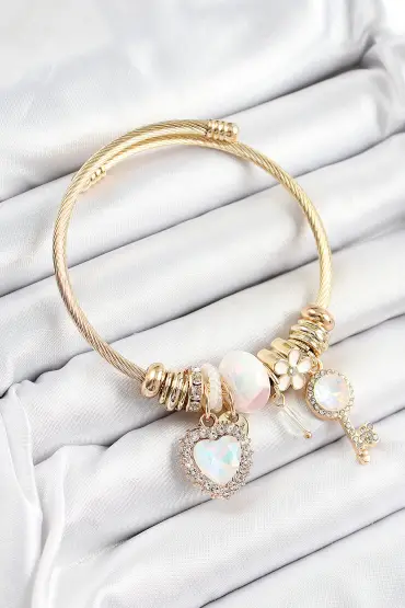 316L Çelik Beyaz Zirkon Taşlı Anahtar Ve Kalp Model Gold Renk Charm Bileklik - TJ-BB7319