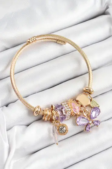 316L Çelik Mor Zirkon Taşlı Kelebek Model Gold Renk Charm Bileklik - TJ-BB7324