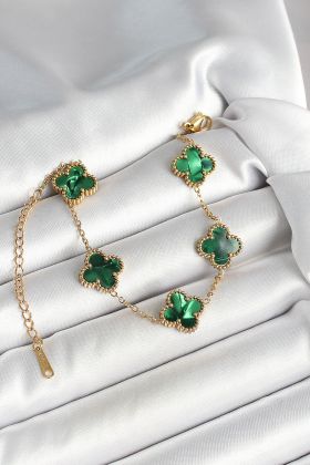 316L Çelik Sedefli Zümrüt Yeşil Gold Renk Yonca Kadın Bileklik - TJ-BB6968