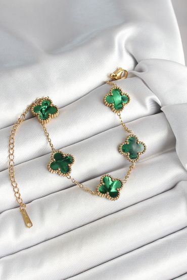 316L Çelik Sedefli Zümrüt Yeşil Gold Renk Yonca Kadın Bileklik - TJ-BB6968