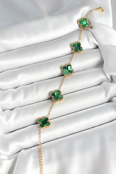 316L Çelik Sedefli Zümrüt Yeşil Gold Renk Yonca Kadın Bileklik - TJ-BB6968