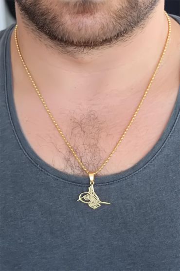 Gold Renk Metal Tuğra Figürlü Erkek Kolye - TJ-ERK340