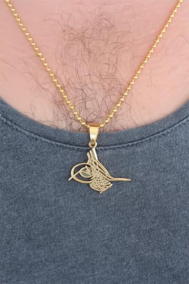 Gold Renk Metal Tuğra Figürlü Erkek Kolye - TJ-ERK340