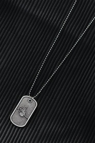 Top Zincirli Osmanlı Tuğrası Tasarım Eskitme Gümüş Renk Kolye - TJ-ERK641-KS