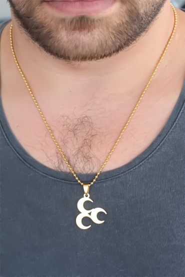 Gold Renk Metal 3 Hilal Figürlü Erkek Kolye - TJ-ERK346