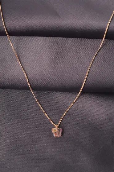 Gold Renk Metal Zirkon Taşlı Pembe Minimal Kelebek Detaylı Kadın Kolye - TJ-BKO6016