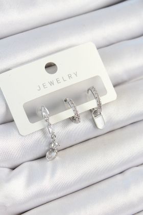 Pirinç Zirkon Taşlı Sallantılı Model Gümüş Renk 3'lü Çift Kadın Küpe Set - TJ-BKP10787