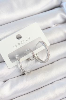 Pirinç Zirkon Taşlı Sallantılı Model Gümüş Renk 3'lü Çift Kadın Küpe Set - TJ-BKP10789