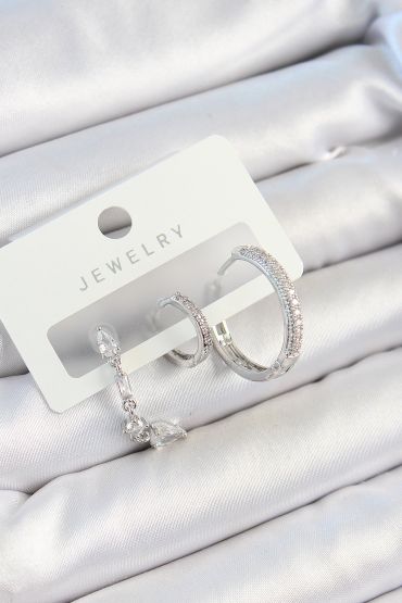 Pirinç Zirkon Taşlı Sallantılı Model Gümüş Renk 3'lü Çift Kadın Küpe Set - TJ-BKP10789