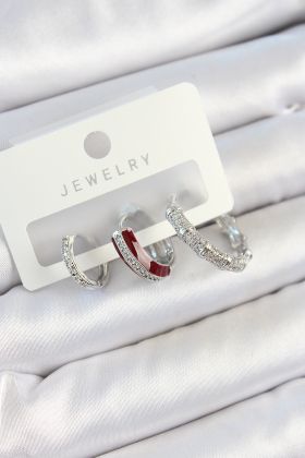 Pirinç Zirkon Taşlı Bordo Pembe Halka Model Gümüş Renk 3'lü Çift Kadın Küpe Set - TJ-BKP10791