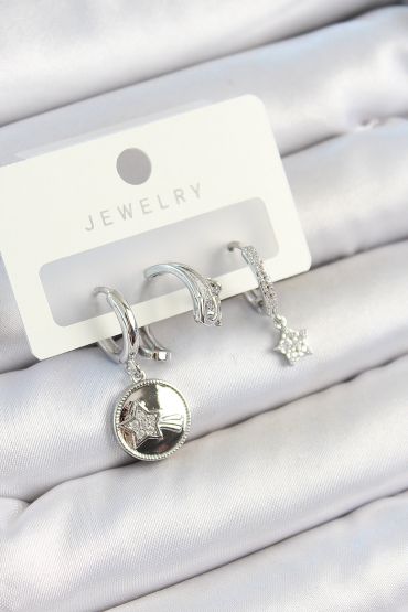Pirinç Zirkon Taşlı Sallantılı Yıldız Model Gümüş Renk 3'lü Çift Kadın Küpe Set - TJ-BKP10792