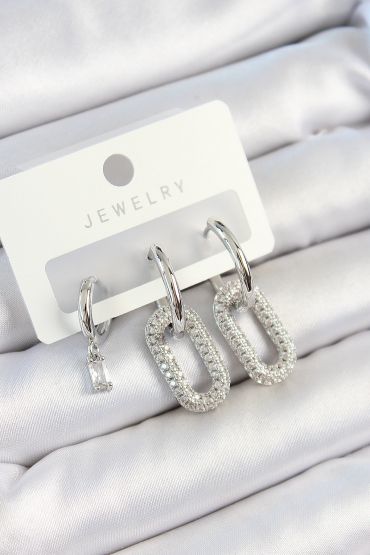 Pirinç Zirkon Taşlı Dikdörtgen Model Gümüş Renk 3'lü Çift Kadın Küpe Set - TJ-BKP10796
