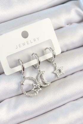 Pirinç Zirkon Taşlı Ay Ve Yıldız Model Gümüş Renk 3'lü Çift Kadın Küpe Set - TJ-BKP10797