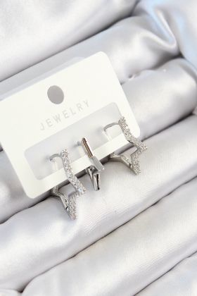 Pirinç Zirkon Taşlı Yıldız Model Gümüş Renk 3'lü Çift Kadın Küpe Set - TJ-BKP10798