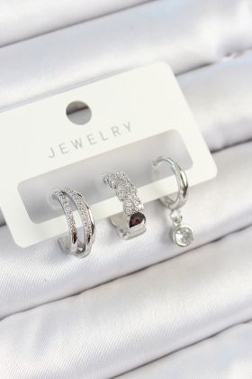 Pirinç Zirkon Taşlı Halka Model Gümüş Renk 3'lü Çift Kadın Küpe Set - TJ-BKP10800