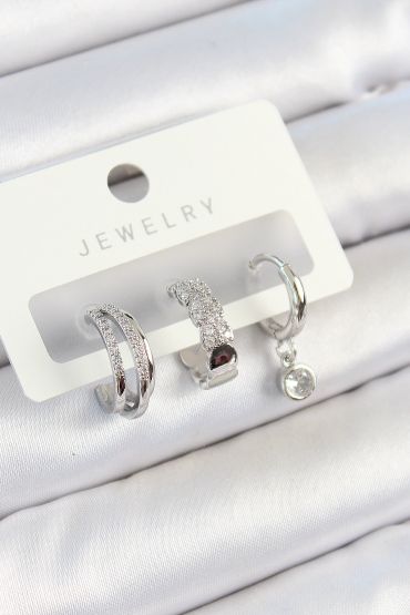 Pirinç Zirkon Taşlı Halka Model Gümüş Renk 3'lü Çift Kadın Küpe Set - TJ-BKP10800