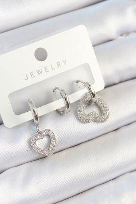 Pirinç Zirkon Taşlı Kalp Model Gümüş Renk 3'lü Çift Kadın Küpe Set - TJ-BKP10801