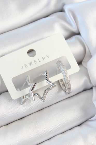 Pirinç Zirkon Taşlı Yıldız Ve Halka Model Gümüş Renk 3'lü Çift Kadın Küpe Set - TJ-BKP10808
