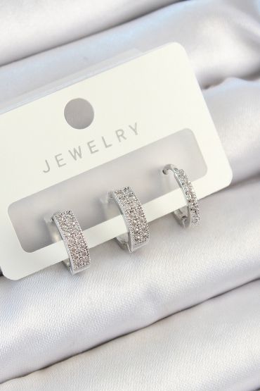 Pirinç Zirkon Taşlı Halka Model Gümüş Renk 3'lü Çift Kadın Küpe Set - TJ-BKP10810