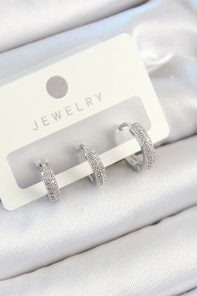 Pirinç Zirkon Taşlı Halka Model Gümüş Renk 3'lü Çift Kadın Küpe Set - TJ-BKP10812