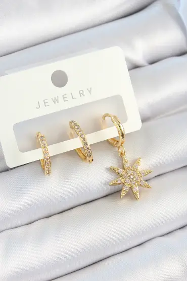 Pirinç Zirkon Taşlı Kutup Yıldızı Model Gold Renk 3'lü Çift Kadın Küpe Set - TJ-BKP10820